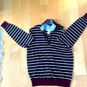 Brooks Brothers Navy and Yellow Striped Zip Up Sweater